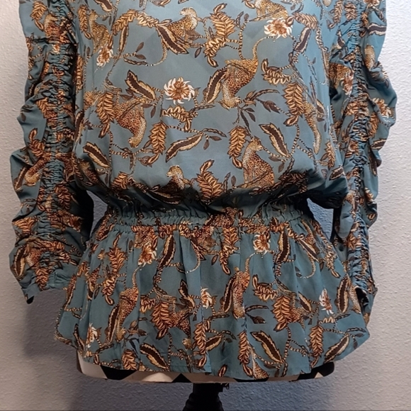 Anthropologie Caballero Leopard Cheetah Print Peplum Ruched Top Blouse - Picture 6 of 13